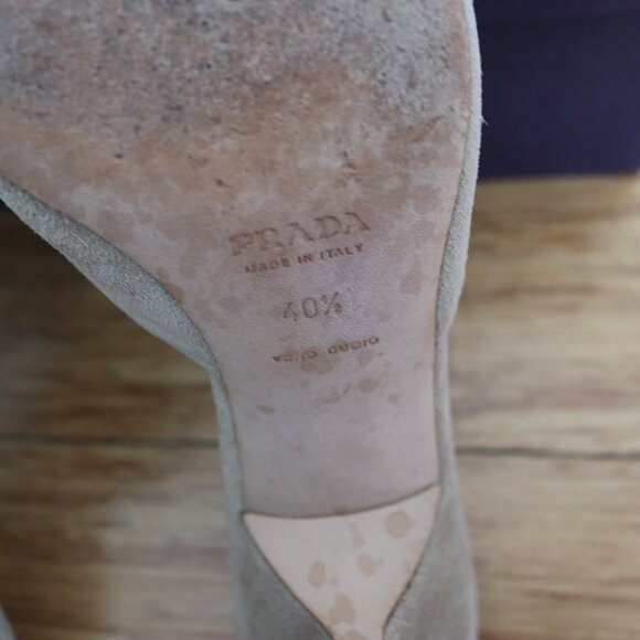 Prada Leather Suede Beige/Tan Silver Buckle Mule Heels Size 40.5 - Picture 6 of 8